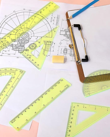 Tenare 1 Set Plastic Clear Math Set Includes Protractor Triangle Rulers 12 Inch 6 Inch Straight Geometry Math Transparent Ruler Measuring Tool for School Office Home Supplies(Yellow)