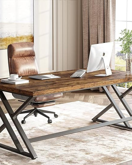LVB Rustic Wood Computer Desk, Metal Home Executive Office Desk, Industrial Large Gaming Writing Desk, Wooden Student Study Computer Table for Bedroom Living Room, Rustic Brown, 60 Inch