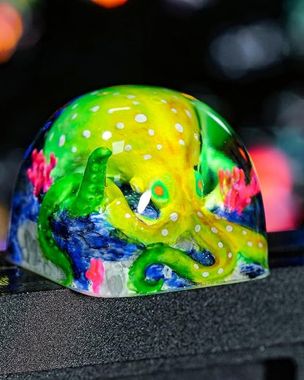 Green Octopus Artisan Keycap DOM Profile Custom Ocean Sea Creatures Keycaps 1U ESC Handmade Gaming Kraken Resin Key Cap Cherry MX Switch Compatible Mechanical Keyboard Octopus Lover Gift