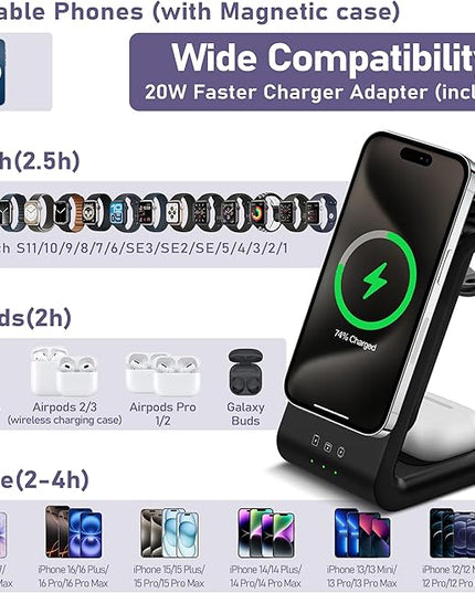3 in 1 Wireless Charging Station: 5000mAh Removable Power Bank Charger Stand for Phone/Watch/Air Pods - Portable Magnetic Battery Pack for Air 17 16 15 14 13 12 Series