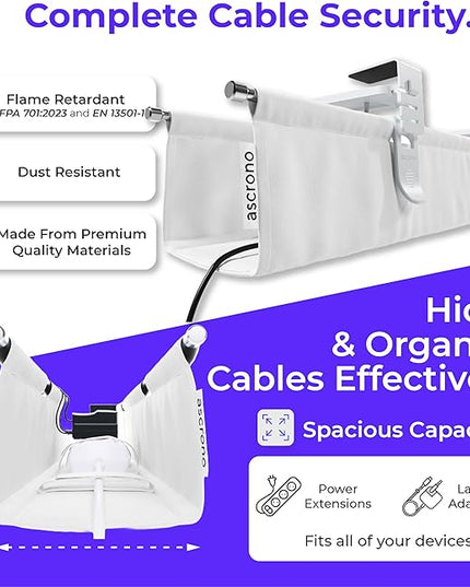 Ascrono Original No Drill Under Desk Cable Management Tray 14.1" - Premium White Fabric Cable Management Under Desk - Clamp/Screw Mount Cord Organizer - Supports Upto 66lbs