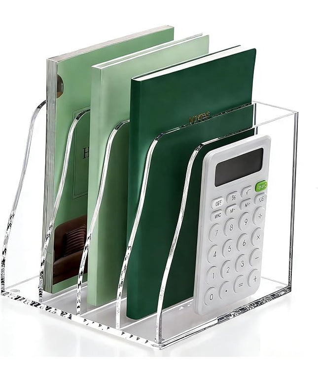 YUXUN Clear Acrylic File Folder Holder - 4 Vertical Compartments Desk Document Sorter, Upright Magazine Rack for Office/Home/Classroom, Stores Documents, Tablets, Magazines, Books & Accessories
