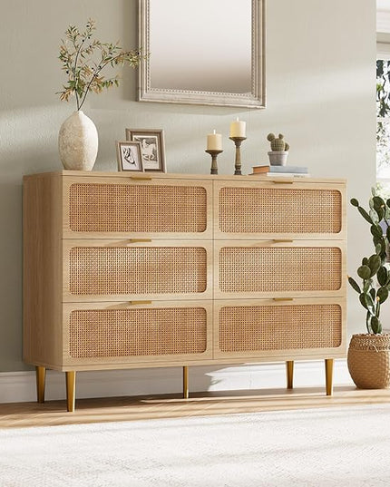 Garvee Rattan Dresser with 6 Drawers, Tall Modern Closet with Deep Storage, Large Chest of Drawers with Wide Top, Long Wooden Dresser for Bedroom, Living Room, Hallway, Kids Room, Natural