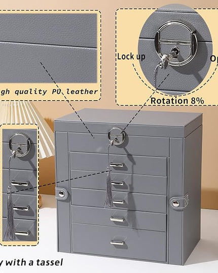 BOOVO Jewelry Box For women, 6 Layer Large Jewelry Organizer With Mirror, Multi-Function Storage Box With Lock, Accessory Holder With 5 Drawers, For Earrings Necklace Ring Bracelet (Gray)
