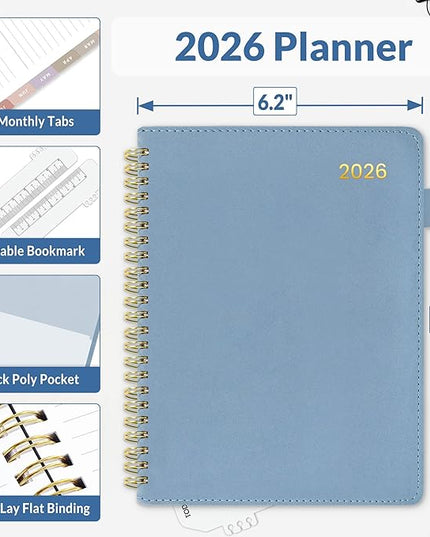 SUNEE 2026 Weekly & Monthly Planner 6.4"x8.5"- 12 Month (January 2026 - December 2026), Vegan Leather Cover, Pocket, Bookmark, Notes, Monthly Tab, Gray Blue