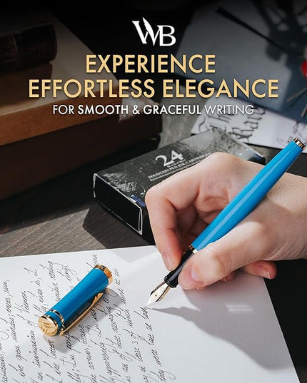 Wordsworth & Black Fountain Pen Set, Medium Nib, 24 Ink Cartridges and Ink Refill Converter, Gift Case, Journaling, Calligraphy, Smooth Writing Pens [Sky Blue, Gold Finish], Perfect for Men and Women
