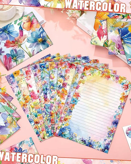 TaoBary 160 Pcs Stationery Paper Set 50 Double Sided Stationery Papers with 50 Matching Envelopes and 60 Round Dot Sticker, 10 Design(Bright Floral,5.5 x 8.25 Inch)