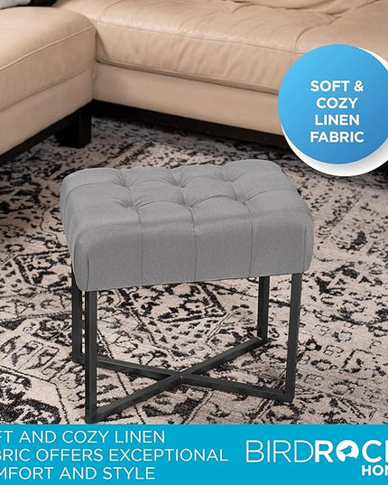 BIRDROCK HOME Rectangular Tufted Foot Stool Ottoman with Soft Padded Cushion - Versatile Vanity Chair for Bedroom, Living Room, Bathroom - Compact Seating for Adults - Grey with Black Metal Legs
