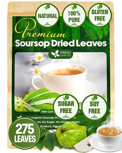 FreshDrinkUS, Premium 275+ Soursop Graviola Whole Dried Leaves Tea, 275-300 Soursop Graviola Guanabana Whole Leaves, Wildcrafted, Hoja Guanabana Loose Leaf Herbal Tea, No Gluten, Vegan