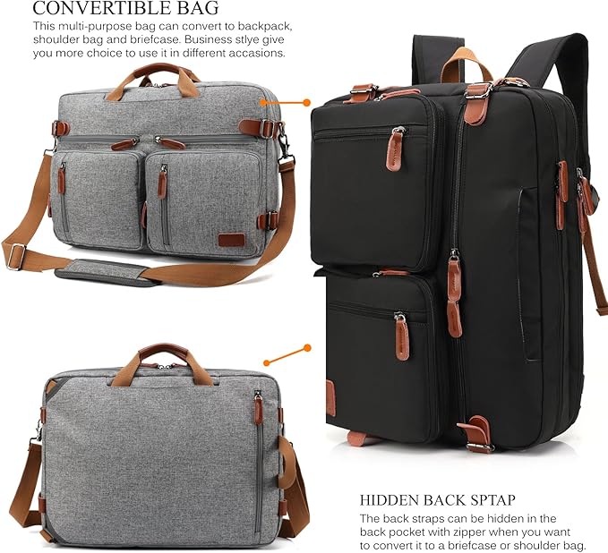CoolBELL Convertible Backpack Messenger Shoulder bag Laptop Case Handbag Business Briefcase Multi-functional Travel Rucksack Fits 17.3 Inch Laptop For Men/Women (Grey)