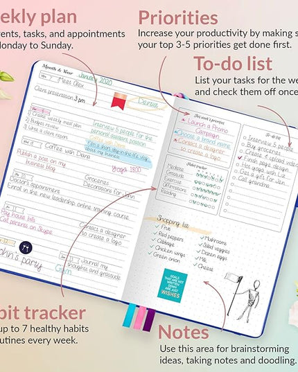 GoGirl Planner and Organizer for Women – Compact Size Weekly Planner, Goals Journal & Agenda to Improve Time Management, Productivity & Live Happier. Undated – Start Anytime, Lasts 1 Year – Royal Blue