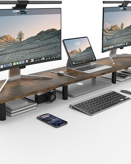 Dual Monitor Stand - 43.7 inch Extra Long Wide TV Stand - Wood & Steel Leg Desktop Riser - Desk Organization - Home Office (Vintage)