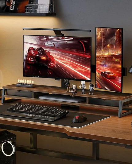 Fenge Dual Monitor Stand, Monitor Riser with Drawer, 42.5 Inch Large Computer Monitor Stand for 2 Monitors, 2 Tier Wooden Desk Shelf for Top of Desk