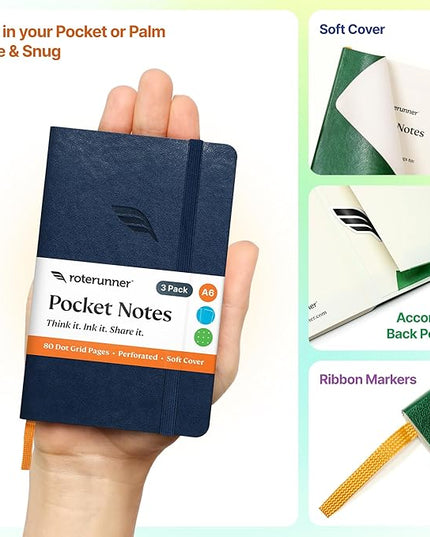 Roterunner A6 Pocket Notebook (Bold Classic) 3 Pack 3.5x5.5 Dotted Mini Notebook Journal 100Gsm Perforated Paper, Work Gym Travel Journal Notebook, Leather Small Notebook Numbered with Notes Index