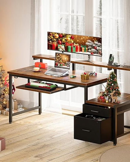 AODK Computer Desk with Drawers, 55" Office Desk with Keyboard Tray and Power Outlet, Reversible Study Work Desk with Printer Space and File Drawers Cabinet for Home Office, Vintage