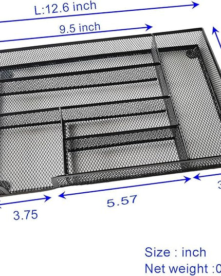 Desk Drawer Organizer Metal Mesh Drawer Organizer Tray for Office School or Home Supplies Desktop Storage Stationery, 6 Compartments, 12.6 x 8.27 x 1.57 inch，Black (2pc pack)
