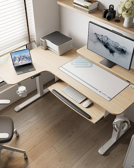 EUREKA ERGONOMIC Standing Desk Adjustable Height 61" Electric Sit Stand Computer Desk L Shaped with Keyboard Tray,Monitor Stand &LED, Dual Motor Memory Presets Sit to Desk Adjustable Desk, Left/Maple