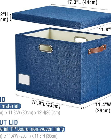 17" Large Collapsible Storage Bins with Lids, Stackable Closet Organizers with PU Handle and Labels, 3-Pack Decorative Fabric Storage Boxes for Home, Bedroom, Closet, Office, Nursery(Navy)