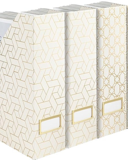 BLU MONACO | Cardboard Magazine File Holder Set of 4 | Vertical Magazine File Holder for Desk and Shelves | Cream Gold Foldable Magazine Holders with Label Slots