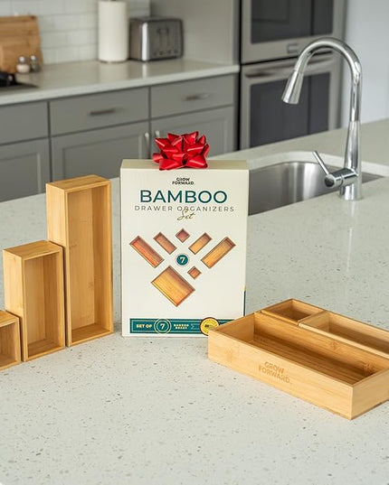 Grow Forward Bamboo Drawer Organizer Boxes - Set of 7 Wooden Drawer Organizers for Kitchen, Bathroom, Office, Desk, Vanity, Makeup - Non-Slip Junk Drawer Organizer Trays for Storage and Organization