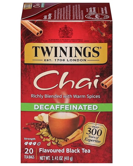 Twinings Decaffeinated Chai Individually Wrapped Bags, 20 Count (Pack of 1), Sweet, Savoury Spices, Enjoy Hot or Iced, 20 Teabags