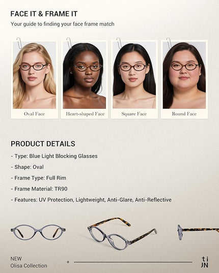 TIJN Olisa Blue Light Blocking Glasses for Women Men,Oval Glasses Frame Bluelight Glasses for Gaming/Computer/Screen
