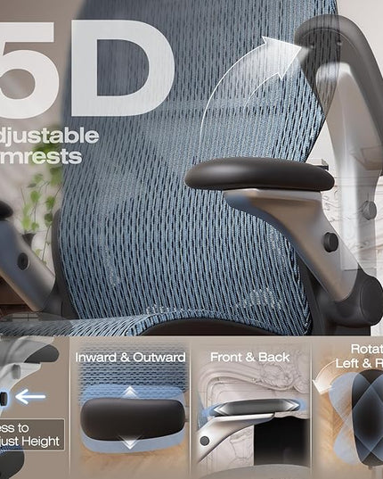 ELABEST X100 Ergonomic Office Chair with Footrest, Big and Tall Home Desk Chair with 5D Flip-Up Arms, Adjustable 3D Lumbar Support,High Back Rolling Computer Chair, Swivel Mesh Chairs (Oaxaca Blue)