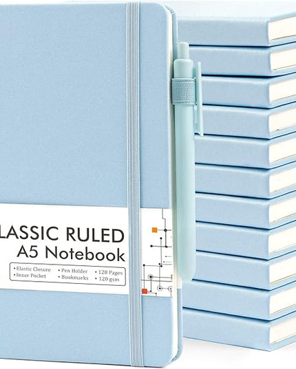 feela 12 Pack Notebooks Journals Bulk, Hardcover Notebook Classic Ruled Lined Journals with Pen Holder for Women Girls School Business Supplies, with 12 Black Pens, 120 GSM, 5.1”x8.3”, A5, Light Blue