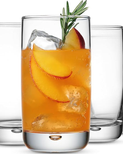 Set of 4 Highball Glasses 16 Oz Collins Cocktail Drinking Glass Cups, Bubble Base Glassware for Water, Juice, Cocktails, Beer Pint Glasses, Modern Basic Tumblers.