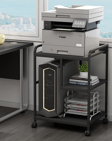 Printer Stand with Storage Shelf for Home Office Organization, 22 x 18 Inch Large Printer Table with Wheels, Shredder Stand, CPU Stand, Rolling Cart for Host Computer, PC Tower, Desktop- Black