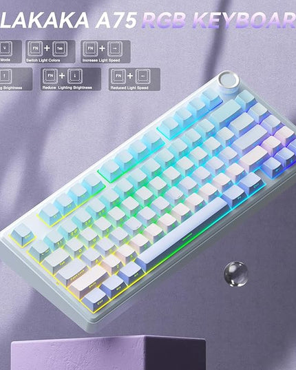 SOLAKAKA A75 75% Wireless Mechanical Keyboard, Hot Swappable Gaming Keyboard with Multifunction Knob & RGB, Gasket Mounted Creamy Keyboard, PBT Keycaps, Compact Layout for Win/Mac/PC