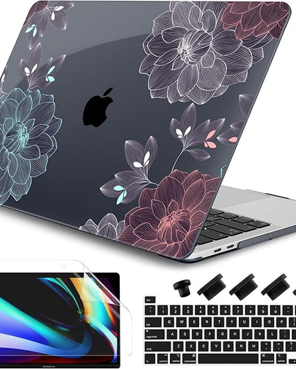 DONGKE Compatible with MacBook Pro 13 inch Case 2024 2023-2020 Release A2338 M2/M1 A2251 A2289 with Retina Display & Touch ID, Plastic Hard Shell & Keyboard Cover & Screen Film - Dahlia Flowers