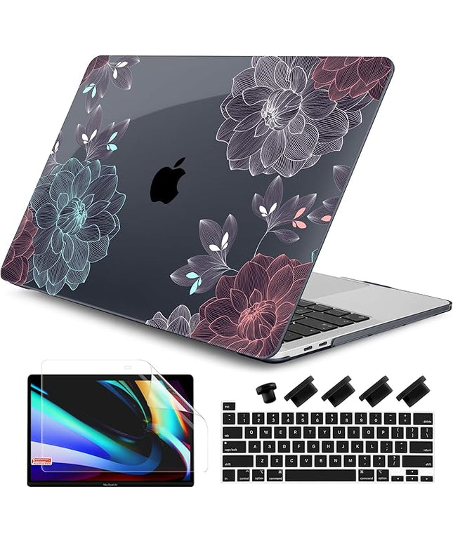 DONGKE Compatible with MacBook Pro 13 inch Case 2024 2023-2020 Release A2338 M2/M1 A2251 A2289 with Retina Display & Touch ID, Plastic Hard Shell & Keyboard Cover & Screen Film - Dahlia Flowers