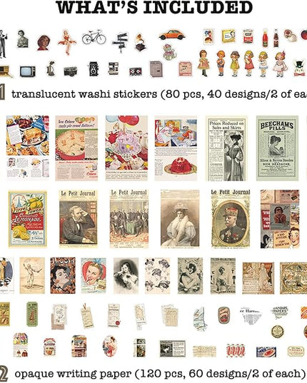 Knaid Vintage Scrapbook Supplies Pack (200 Pieces) for Junk Journal Bullet Journals Planners Aesthetic Paper Stickers Craft Kits Cottagecore Collage Album (Retro)