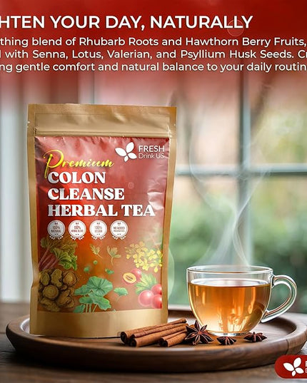 FreshDrinkUS, Premium Colon Cleanse Tea – 60 Tea Bags – Rhubarb Root & Hawthorn Berry with Senna, Lotus Leaf, Valerian Root & Psyllium Husk – Herbal Blend, Caffeine-Free. Vegan