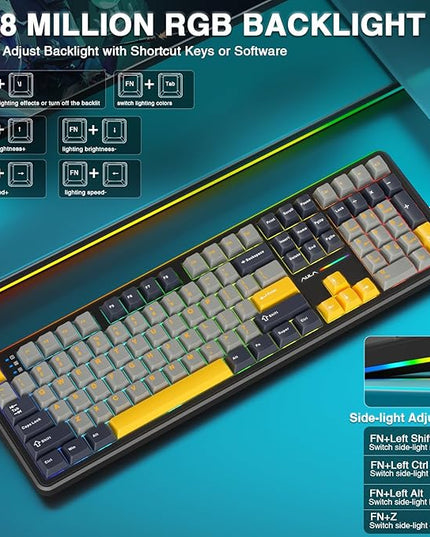 AULA F108 Wireless Mechanical Keyboard, BT5.0/USB-C/2.4GHz Hot Swappable Custom Gaming Keyboards, PBT Keycaps, Pre-lubed Switches, RGB Backlit Full Size Creamy Keyboard with Number Pad, 108 Keys