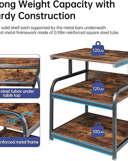 23.6" Deep Extra Large Printer Stand, 3 Tier Printer Table with Adjustable Storage Shelf, Rolling Printer Cart with Industrial Wheels for Home Office, Rustic Brown
