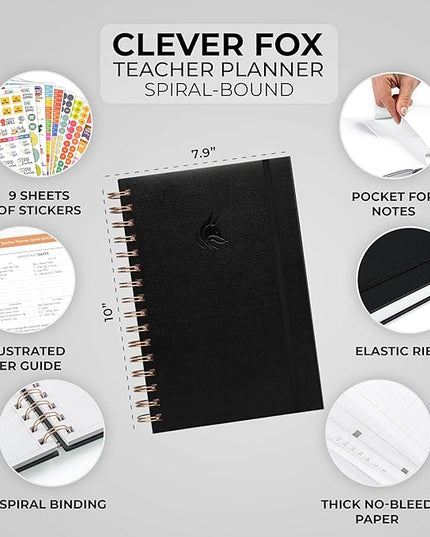 Clever Fox Teacher Planner Spiral – School Year Planner with Calendars & Lesson Plans – Teacher Plan Book for Classroom & Homeschool Organization - Undated, 7.9x10″ (Black)