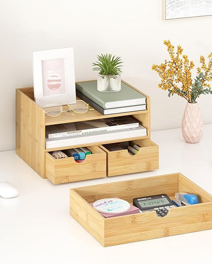 Wisuce Bamboo Desk Organizer - Mini Bamboo Desk Drawer Tabletop Cosmetic Storage Organization for Office or Home (Nature 3 Drawers)