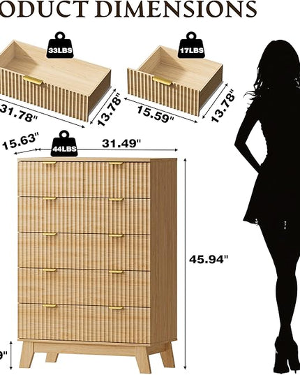 BORNOON 46" Tall Dresser for Bedroom, 6-Drawer Fluted Chest of Drawers, Modern Wood Highboy with Deep Storage, Metal Slides and Handles, Anti-Tip Kit, Vertical Clothes Organizer for Apartment, Nursery