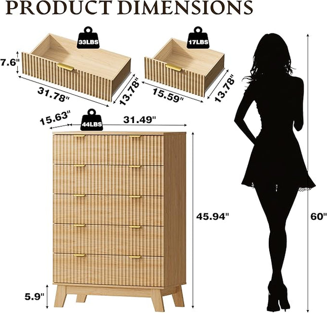 BORNOON 46" Tall Dresser for Bedroom, 6-Drawer Fluted Chest of Drawers, Modern Wood Highboy with Deep Storage, Metal Slides and Handles, Anti-Tip Kit, Vertical Clothes Organizer for Apartment, Nursery