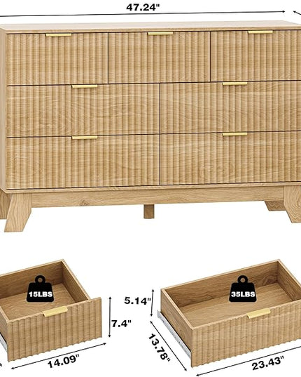 HUANLEGO Fluted Dresser for Bedroom with 7 Drawer, Mid Century Modern Chest of Drawers, 48" Wide Natural Wood Dresser for Closet, Wooden Boho Chest Closet Storage TV Stand for Bedroom, Nature