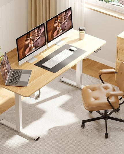 Adjustable Standing Desk, 63x24 Inches Home Office Desk with Memory Preset Computer Workstation Maple Top + White Frame