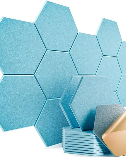 12 Pack Self-adhesive Acoustic Panels 12" X 10" X 0.4" - Sound Proof Foam Panels with High Density, Stylish Hexagonal Design, Flame Resistant, Absorb Noise and Eliminate Echoes(Light Blue)