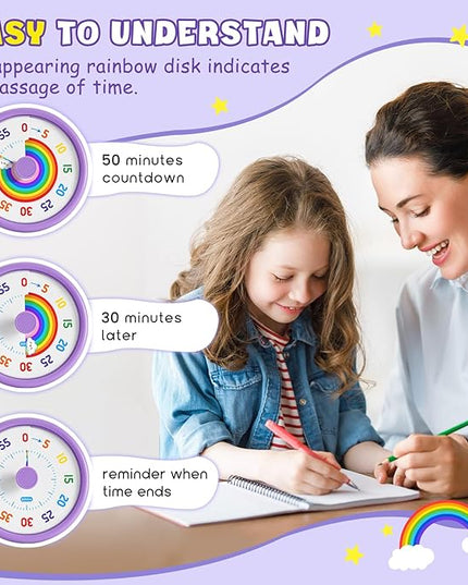 HIPPIH Visual Timer for Kids, 60 Minute Countdown Timers for Classroom Kitchen Office, Rainbow Disk Desk Timer Clock with Silent Operation, Pomodoro Timer Time Management Tools for Toddler ADHD Purple