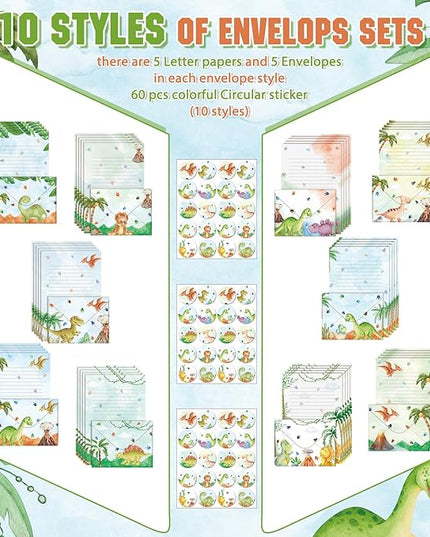 TaoBary 160 Pcs Stationery Paper Set 50 Double Sided Stationery Papers with 50 Matching Envelopes and 60 Round Dot Sticker, 10 Design(Watercolor Dinosaur,8.25 x5.5 Inch)