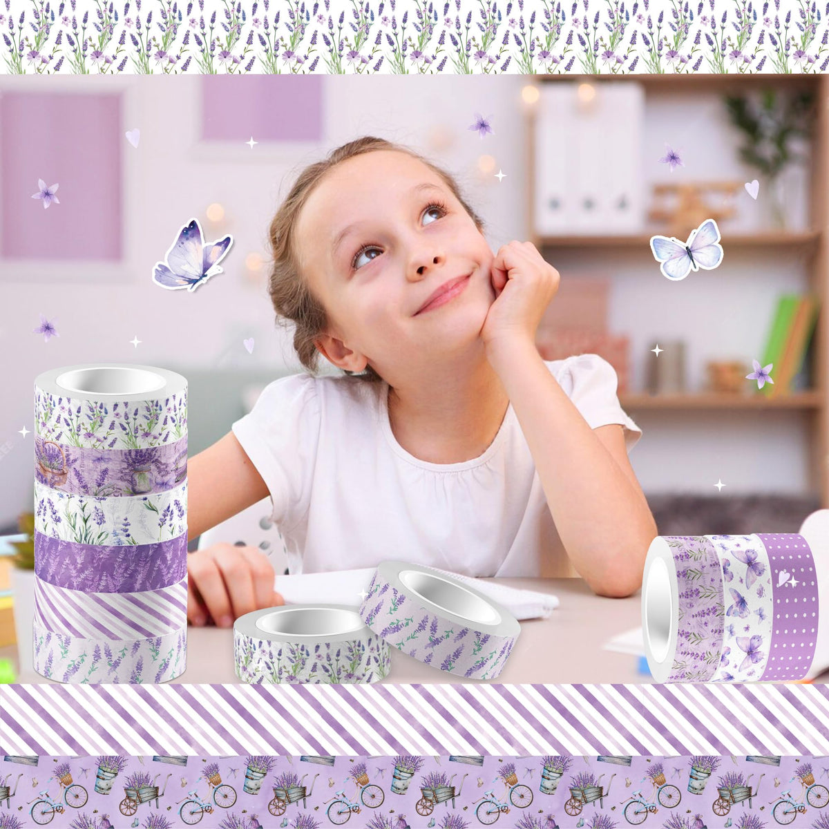 MOZUI Lavender Washi Tape 12 Rolls Lavender Tape Masking Decorative Purple Flower Washi Tape for DIY Craft Gift Wrapping Handbook Sticker Scrapbook Journaling Party Favor