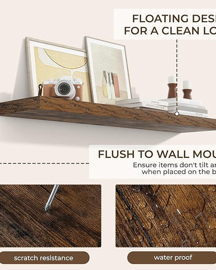RICHFOCUS 40Inch Floating Shelves for Wall 2 Pack Shelves for Bedroom|Kitchen|Bathroom Wall Mounted Rustic Wood Floating Shelf with Invisible Brackets for Books|Storage|Decor, Rustic Brown