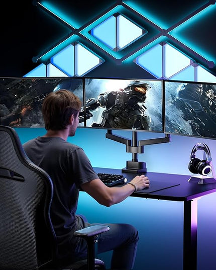 monTEK Triple Monitor Mount for Max 27 inch Computer Screens, 3 Monitor Desk Mount Each Arms Holds up to 19.8lbs, Three Monitors Desk Arm with Swivel, Tilt, Rotation, MA1009PBK-T
