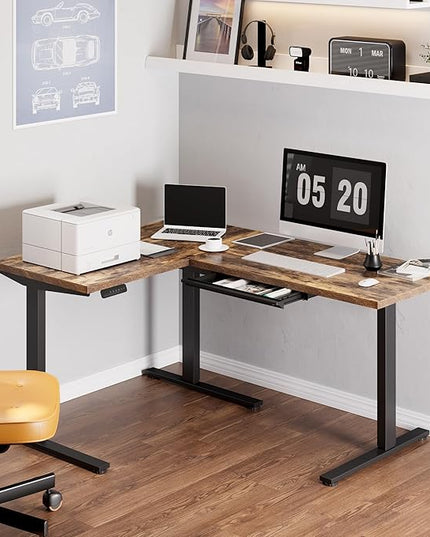 FLEXISPOT L Shaped Standing Desk, 63 x 47 Inch Electric Height Adjustable Corner Desk, Sit Stand Computer Workstation, Preset Controller, Home Office, Black Frame with Rustic Brown Top, Black Drawer